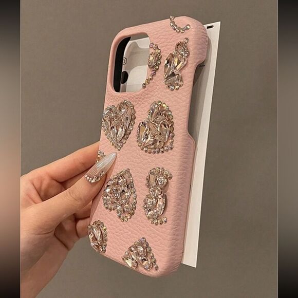 Pink Heart Crystal Embellished I-Phone 16 Pro Max Case - Picture 3 of 6